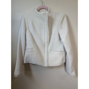 Basque Cream Tweed Asymmetrical Zip Blazer Jacket Frayed Trim Funnel Neck Ivory